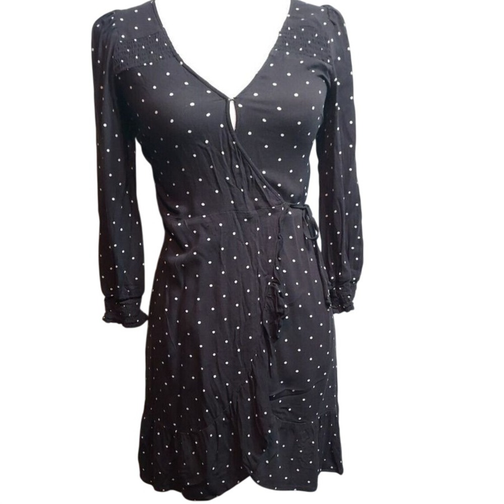 American Eagle Black Polka Dot Wrap Dress Ruffle Smocked Parisian Romantic S